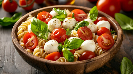 Delicious pasta salad with fresh mozzarella balls, juicy cherry tomatoes, and fragrant basil leaves, served in a rustic wooden bowl.
