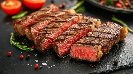Juicy medium rare ribeye steak slices, showcasing rich flavors and perfect grilling.