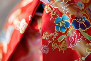 Fototapeta premium Intricate Floral Embroidery on Traditional Red Fabric CloseUp Detail of Richly Decorated Text