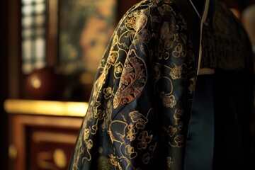 Intricate Embroidered Robe with Golden Floral Patterns Traditional Textile Art Cultural Herit