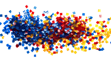 Flying confetti in bright red blue and yellow colors isolated on a white background
