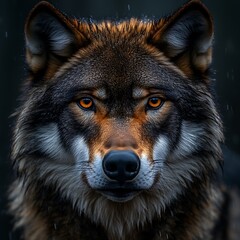 Fototapeta premium Intense wolf portrait, rain, dark forest, wildlife