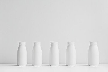 Five white glass bottles arranged in a minimalist symmetrical composition