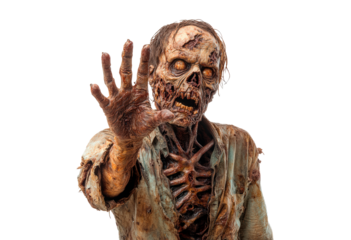 Zombie figure with decayed features and outstretched hand isolated on transparent background