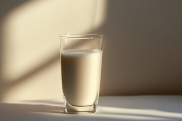 A tall glass of milk sits on a white surface