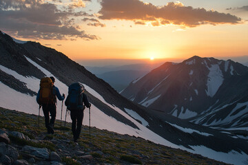 Obraz premium Hiker helping friend reach the mountain with sunset background, walking together.