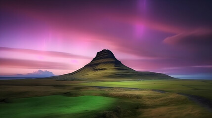 A mountain peak under a vibrant sky