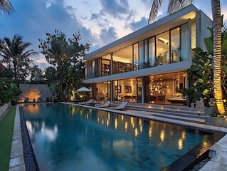 Obraz premium Exterior amazing modern minimalist cubic villa with large swimming pool among palm trees