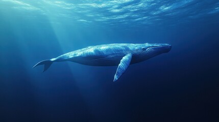 Fototapeta premium Magnificent Blue Whale Drifting Peacefully in the Depths of the Ocean with Sun Rays