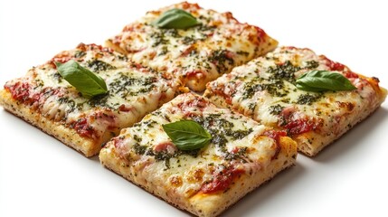 Four square pizzas with basil, on white background
