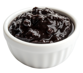  Korean black bean paste (chunjang) in a white ceramic bowl on transparent background