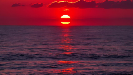 A vibrant red sunset reflecting upon the ocean's surface