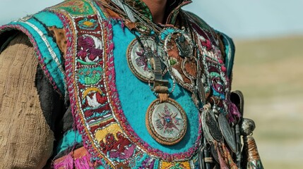 Naklejka premium Intricate Embroidered Textile with Traditional Decorations and Ornate Metalwork for Cultural