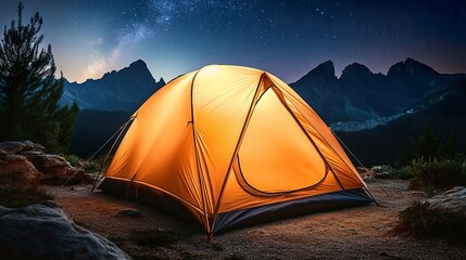 Tent under the Milky Way in mountain solitude, a serene escape into nature's embrace.