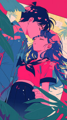 80年代アニメ風恋愛イラスト｜優しく抱きしめるカップル｜レトロな恋愛アート｜青空と青春の瞬間｜ノスタルジックなポートレート｜80sファッションの男女｜懐かしいアニメ風ビジュアル｜シティポップ調イラスト｜恋の感情を映し出すアート作品。スマートフォン9:16のアスペクト比	