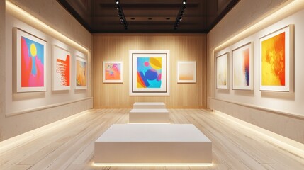 Bright and Colorful Art Gallery Interior with Modern Paintings