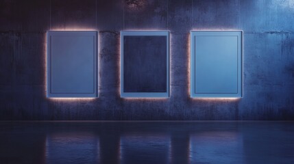 Modern Art Gallery with Empty Frames and Blue Lighting Effects