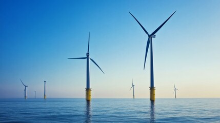 Offshore wind turbines generate clean energy over a vast ocean surface