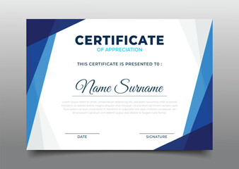 modern Business certificate template design with blue geometric triangle border decoration