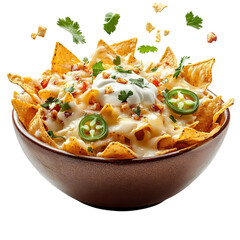 A Bowl of Crispy Nachos with Melted Cheese and Jalapenos Isolated on Transparent Background