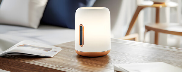 Sleek ceramic lamp with integrated smart technology 3Dceramic material concept. Modern lamp on wooden table in cozy setting
