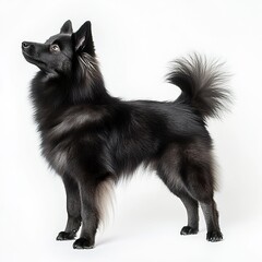 Obraz premium A bold Swedish Lapphund standing with perked ears, its dense black fur highlighted by bright studio lighting, full-body portrait, white backdrop. 