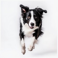 Fototapeta premium A border collie mid-step, its intelligent gaze and fluffy coat captured with sharp clarity, soft studio lighting, white backdrop. 