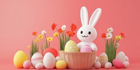 A cute white bunny rests in a basket filled with colorful Easter eggs.