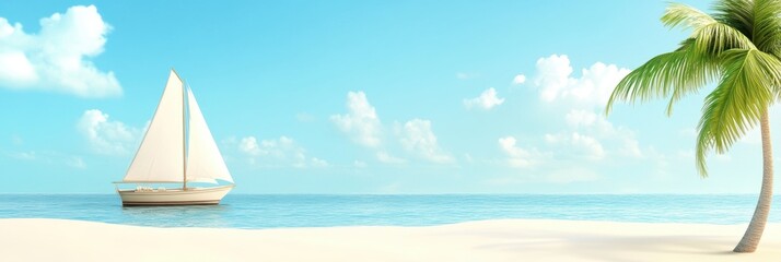 Obraz premium A sailboat floats on water beside a palm tree, creating a serene coastal scene.