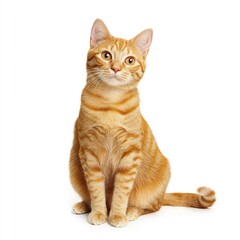Fototapeta premium A charming orange tabby cat sitting with perked ears, warm diffused lighting enhancing its vibrant coat, full-body shot, clean white background.