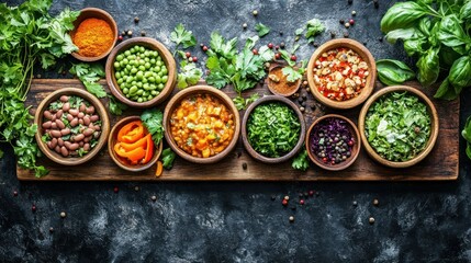 Colorful vibrant selection of assorted flavorful dishes, herbs, and spices.  Healthy gourmet vegetarian options