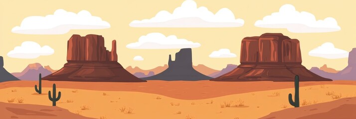 Cartoon desert scene featuring cacti, trees, and rocks in a vibrant landscape.