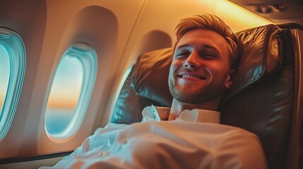 A businessman sits inside a luxury plane and smiles during the flight