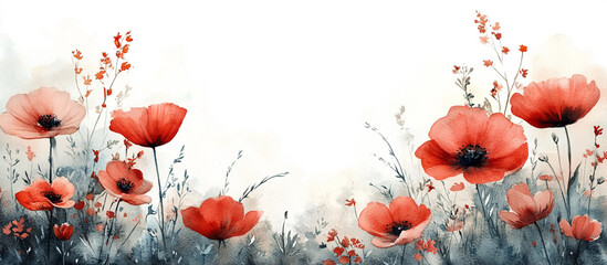 Watercolor poppy flower field.