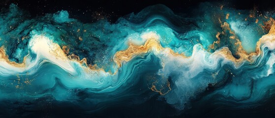 A vibrant painting featuring a blue and gold wave design, showcasing fluid movement and rich colors.