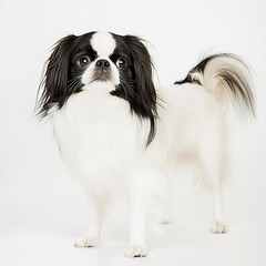 A confident Japanese Chin standing gracefully, its silky fur illuminated under soft directional lighting, full-body portrait, white backdrop. 