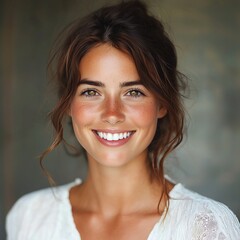 Naklejka premium Close-up portrait of a joyful young woman, smiling at the camera with a clean, minimalist background emphasizing her happiness and positive energy.