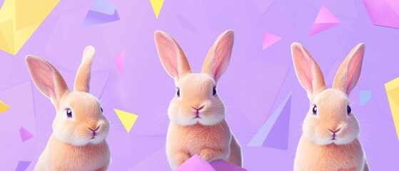 Fototapeta premium Three rabbits stand together beside a vibrant purple egg.