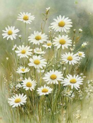 Fototapeta premium A field of bright daisies blooming amidst lush green grass.