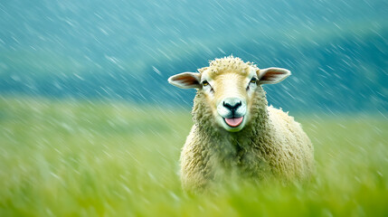 Obraz premium Playful Sheep Stands in Green Grass Under Gentle Rainy Atmosphere