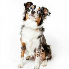 Fototapeta premium A cute Aussie sitting gracefully, vibrant blue eyes and thick tricolor fur enhanced by diffused lighting, frontal portrait, looking upward, white background.