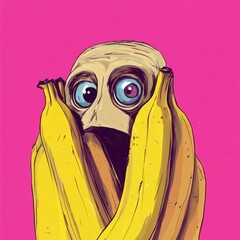 Fototapeta premium A cartoon man in a gas mask hides behind a bunch of bananas.
