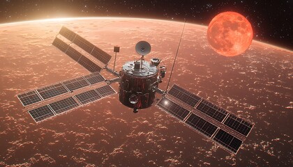 Spacecraft orbits a red planet with moon backdrop