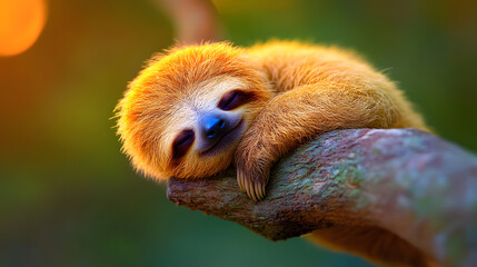 Naklejka premium Relaxed Sloth Resting on Branch in Natural Green Environment