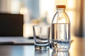 Refreshing Water Bottle and Glass on Desk, Office Hydration