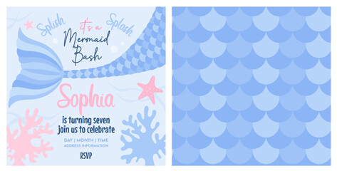 Birthday party invitation card with cute mermaid tail illustration. Template Birthday party invitation with time and place. Fish scale horizontal pattern in blue colors © Mariia