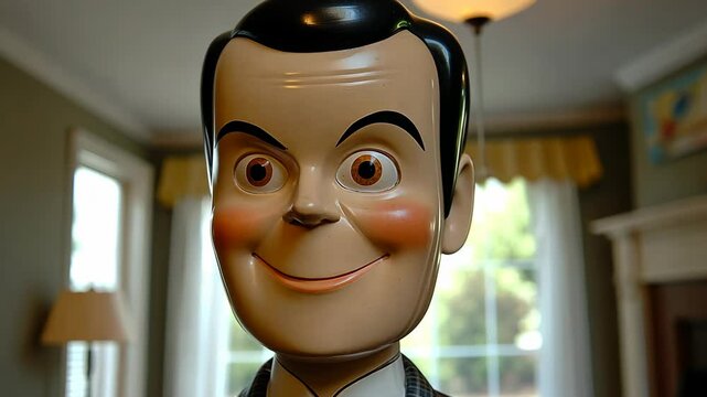 Vintage ventriloquist dummy displayed in cozy living room setting with soft natural light
