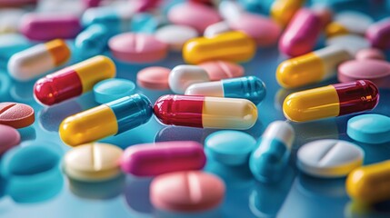 Assorted colorful medicine pills capsules and tablets scattered on reflective surface representing healthcare medication and pharmaceutical industry
