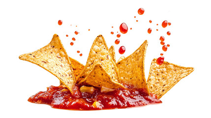 Delicious tortilla chips in salsa splash, cut out. Isolated on a transparent background.