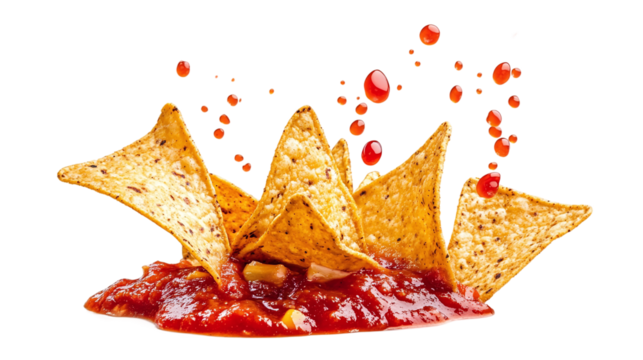 Delicious tortilla chips in salsa splash, cut out. Isolated on a transparent background.